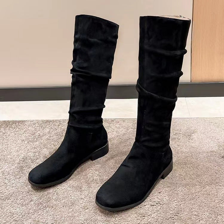 Pile Suede Slip on Knee High Boots