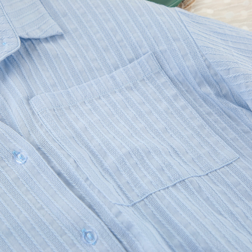 Light blue pure cotton long sleeves home wear pajamas with vertical stripes and chest pocket