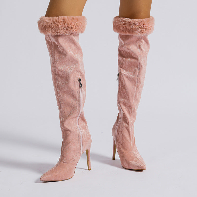 Pink thigh-high stiletto boots with fur trim for a stylish high leg boot look