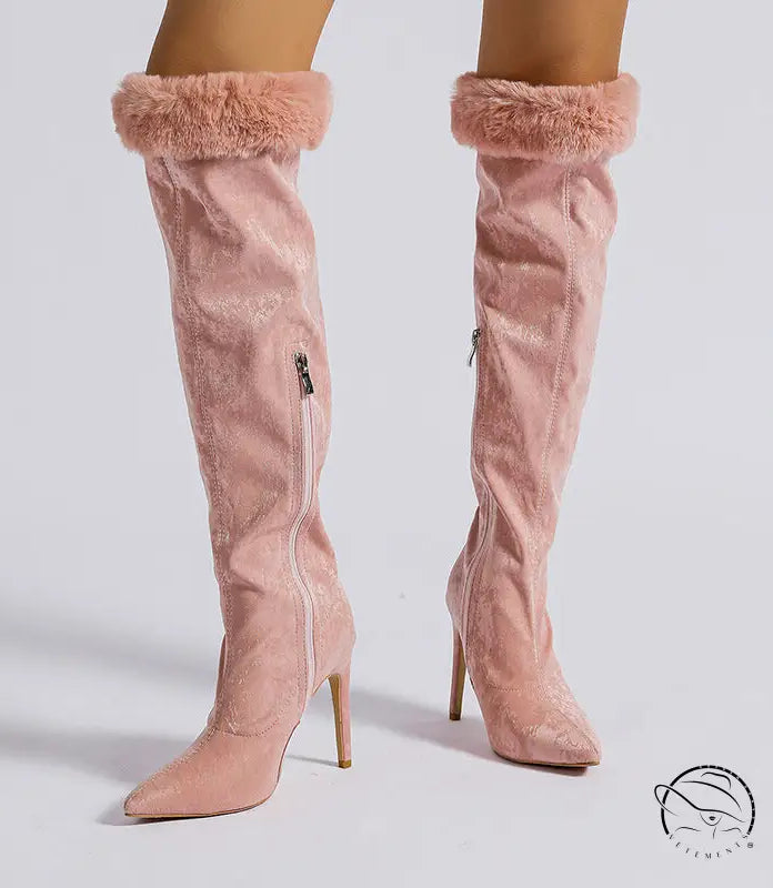 Pink heel high leg boot with fur-trimmed thigh-high stiletto