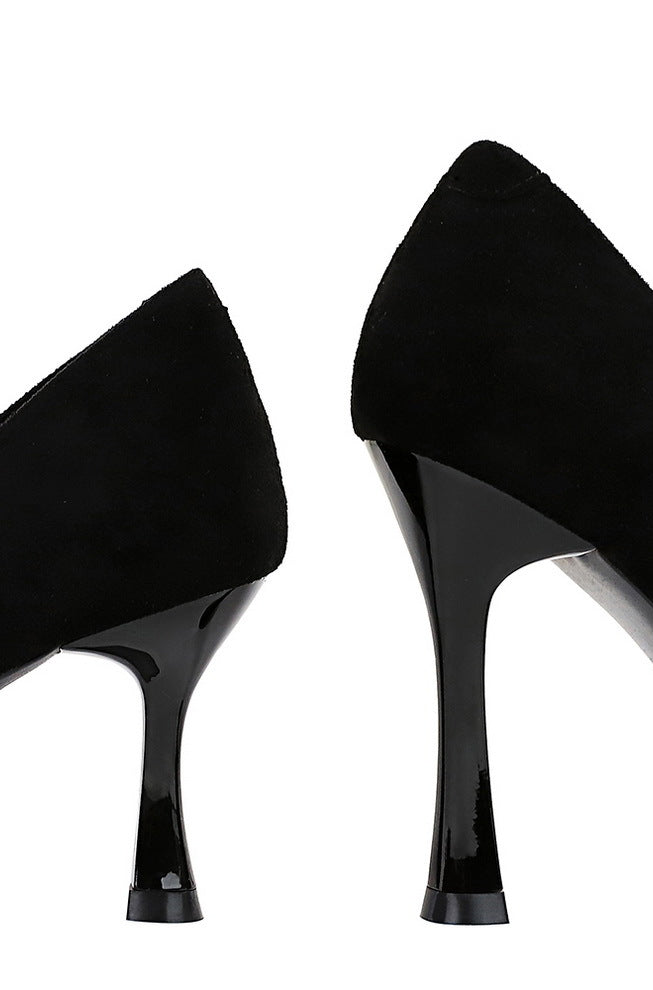 Langry fashion black suede stiletto heels with glossy patent accents