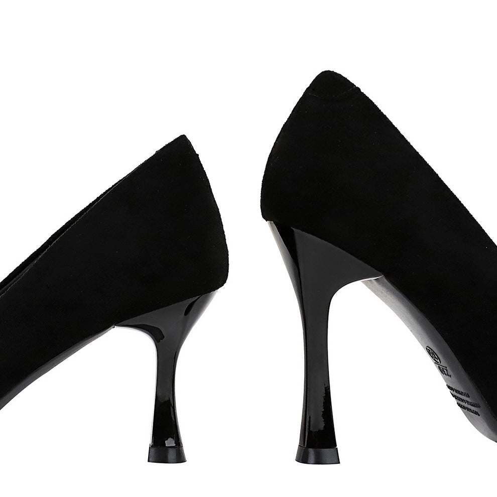 Langry fashion black suede stiletto heels with glossy patent accents