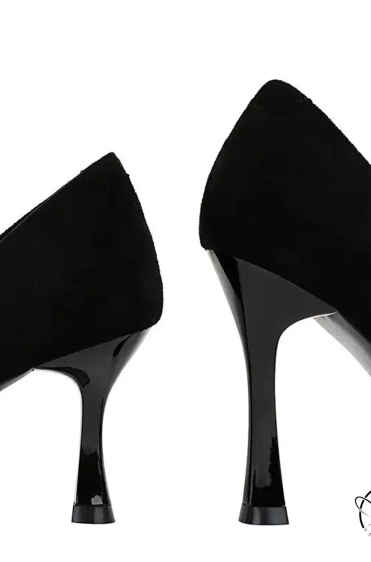 Langry fashion black suede stiletto heels with glossy patent leather accents