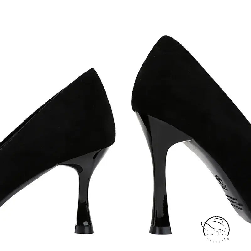 Langry fashion black suede stiletto heels with glossy patent leather accents