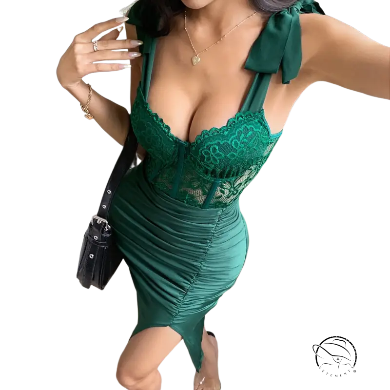 Emerald green lace bodice langry fashion dress with satin skirt