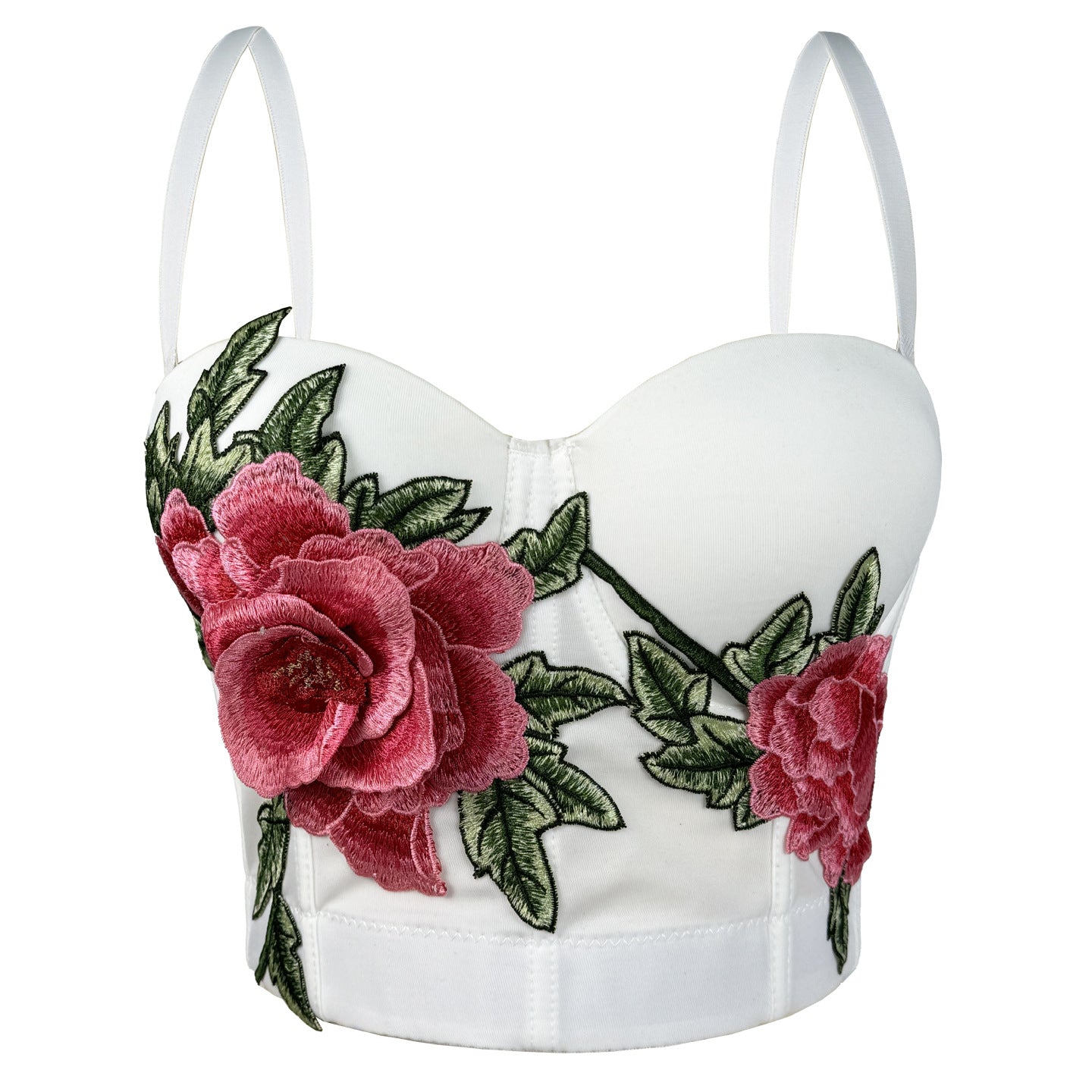 White langry embroidered floral corset top with green leaves