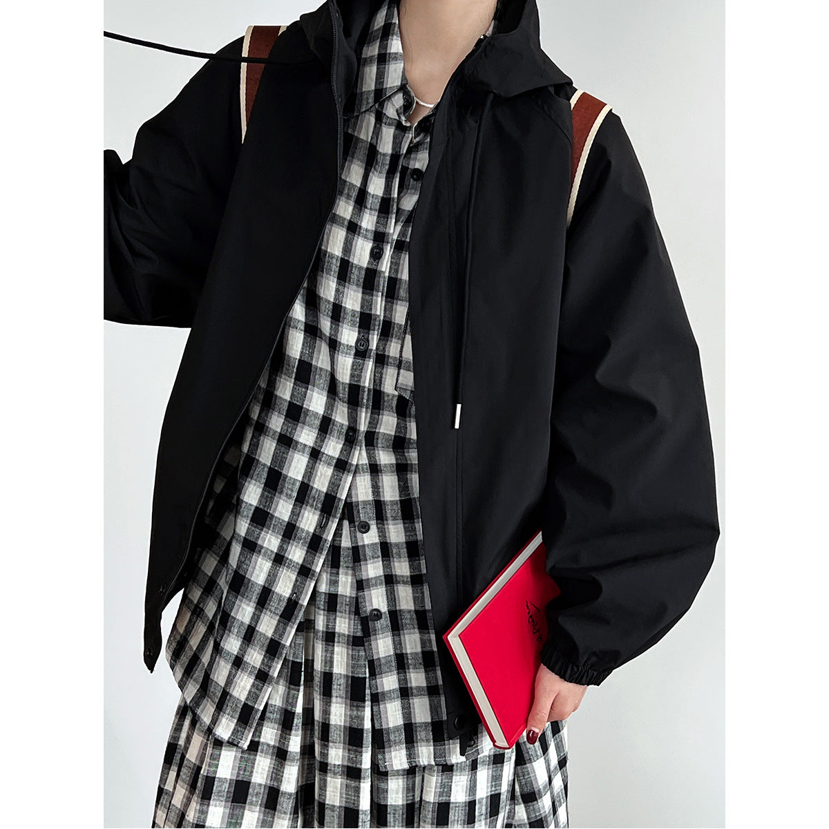 Super Elegant Hooded Jacket with Black Hooded Jacket, plaid shirt, and skirt for stylish langry fashion