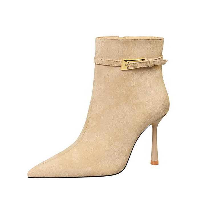 Langry fashion beige suede ankle boot with gold buckle detail
