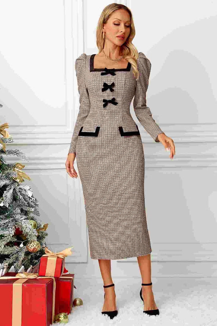 French high grade tight hip belt plaid lace-up dress with black trim