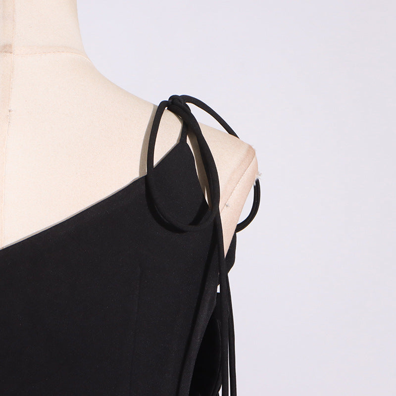 Black dress with tie straps from French Floral Splicing Design Dress collection, stylish ملابس heavy on fashion