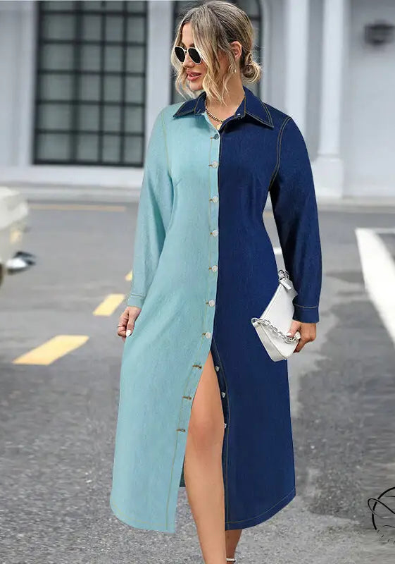 Beautiful denim stitching midi shirtdress with color-block collar