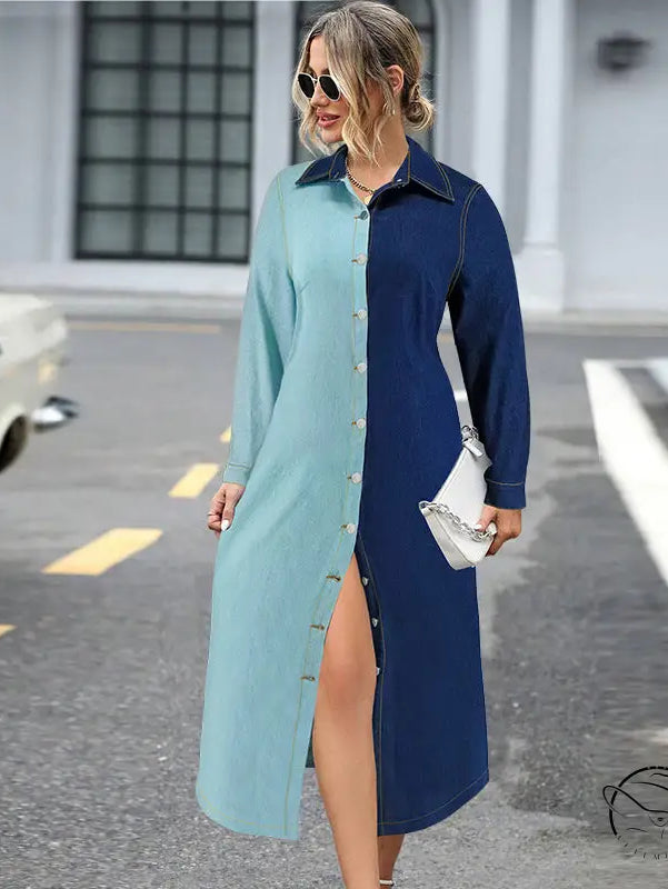 Beautiful denim stitching midi shirtdress with color-block collar