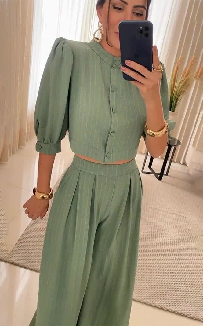 Sage green two-piece outfit from Summer Striped Half Sleeve Top Trousers Suit Women Clothing, perfect for stylish summer fashion