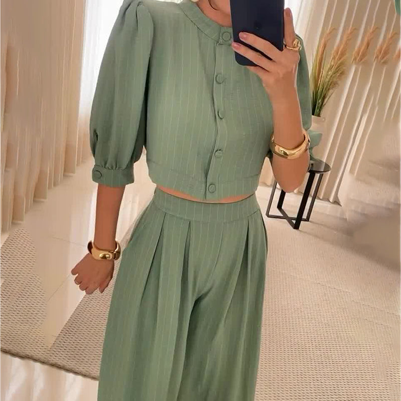 Sage green two-piece outfit from Summer Striped Half Sleeve Top Trousers Suit Women Clothing, perfect for stylish summer fashion