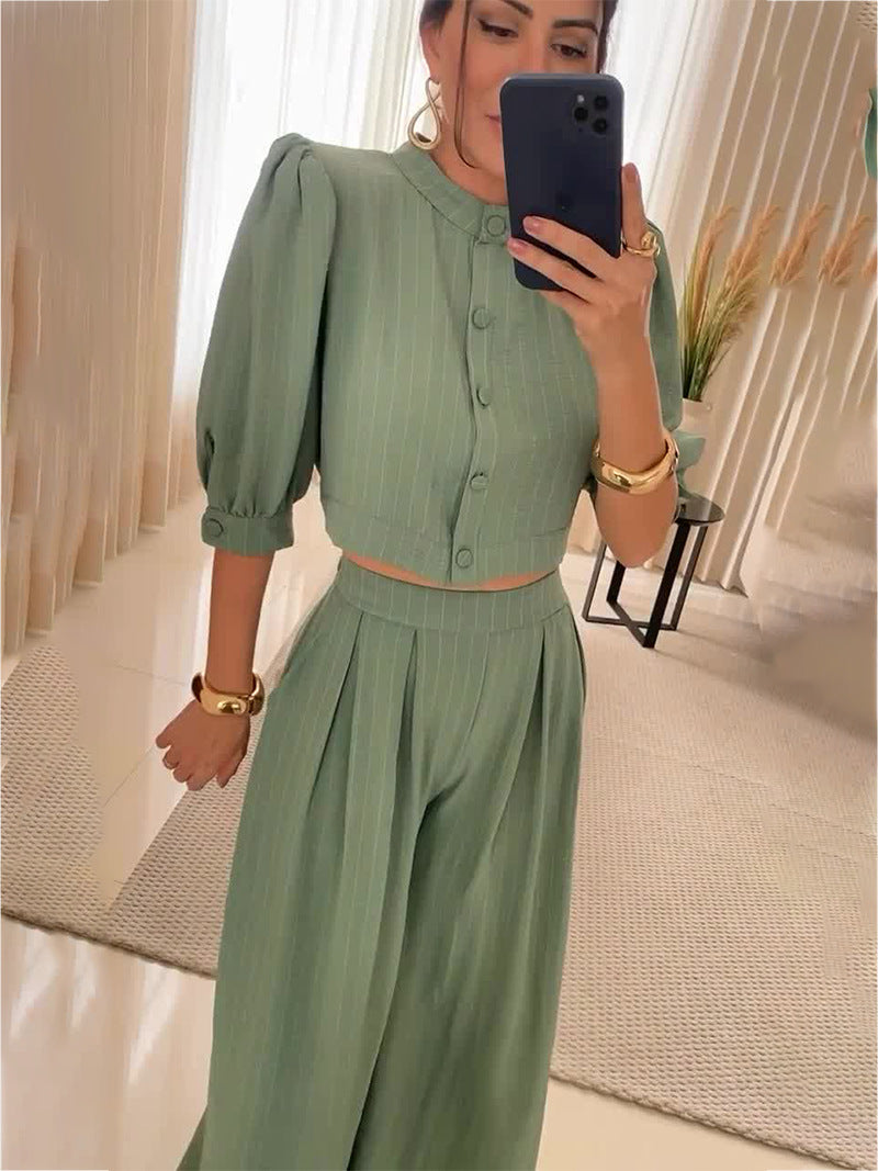 Sage green two-piece outfit from Summer Striped Half Sleeve Top Trousers Suit Women Clothing, perfect for stylish summer fashion
