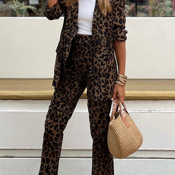 Leopard print casual cardigan coat and work pant set showing luxurious fashion style
