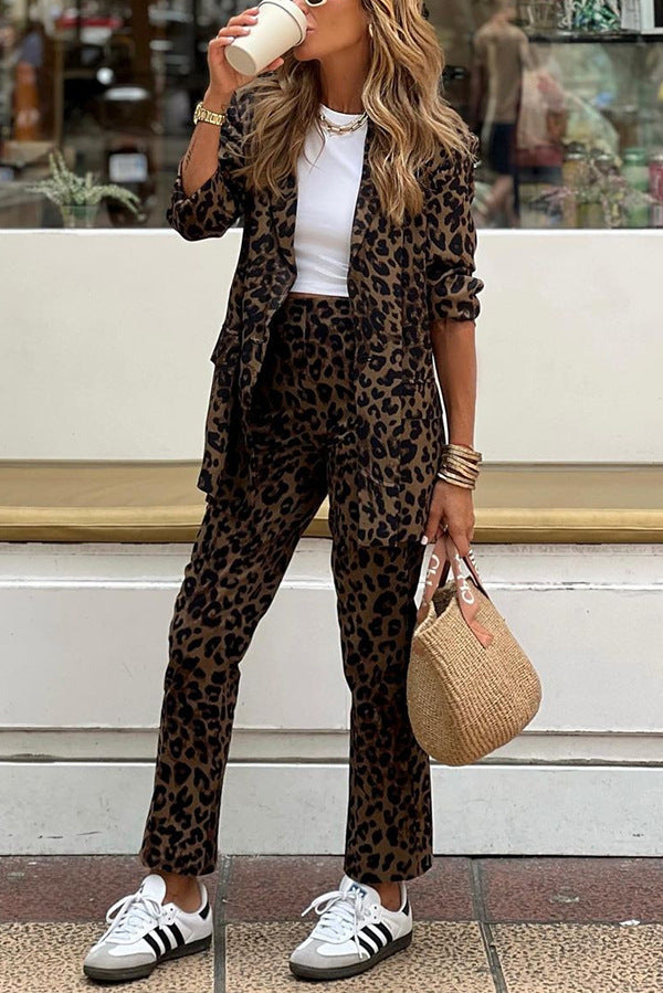 Leopard print casual cardigan coat and work pant set showing luxurious fashion style
