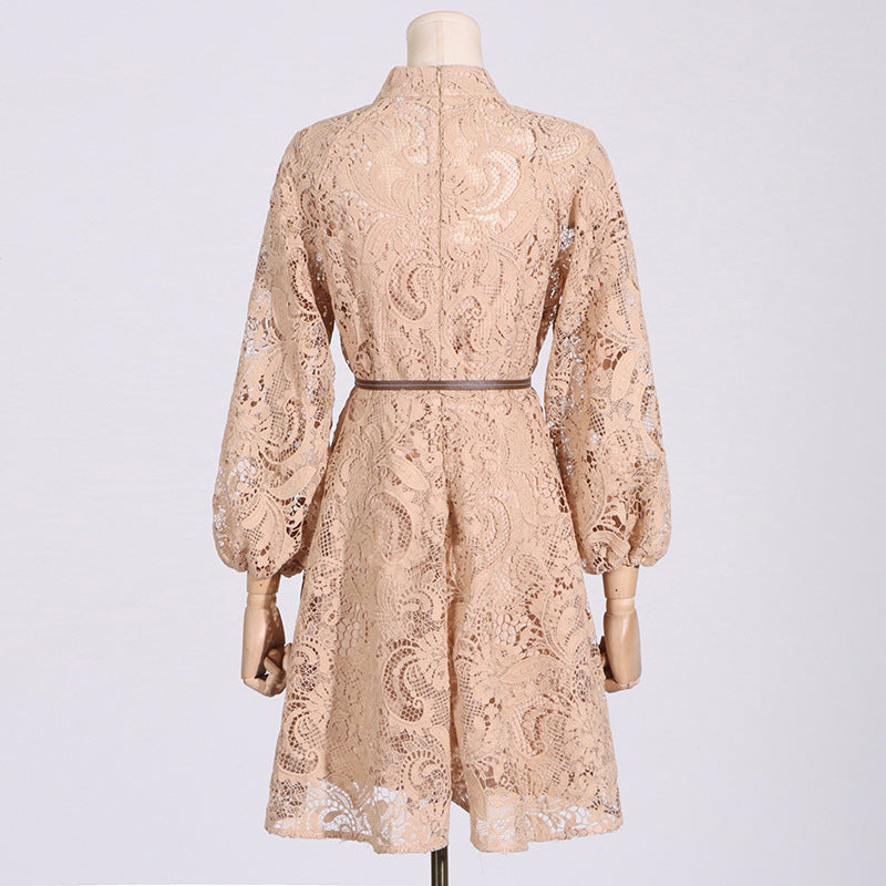 French Vintage Summer Round Neck Refined Handmade Lace Hollow out Cutout out Tied Long Sleeve Solid Color Women Dress
