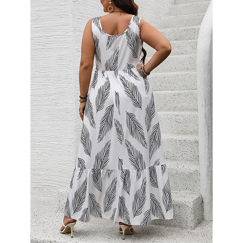 White sleeveless maxi dress with black leaf pattern, stylish langry fashion ملابس