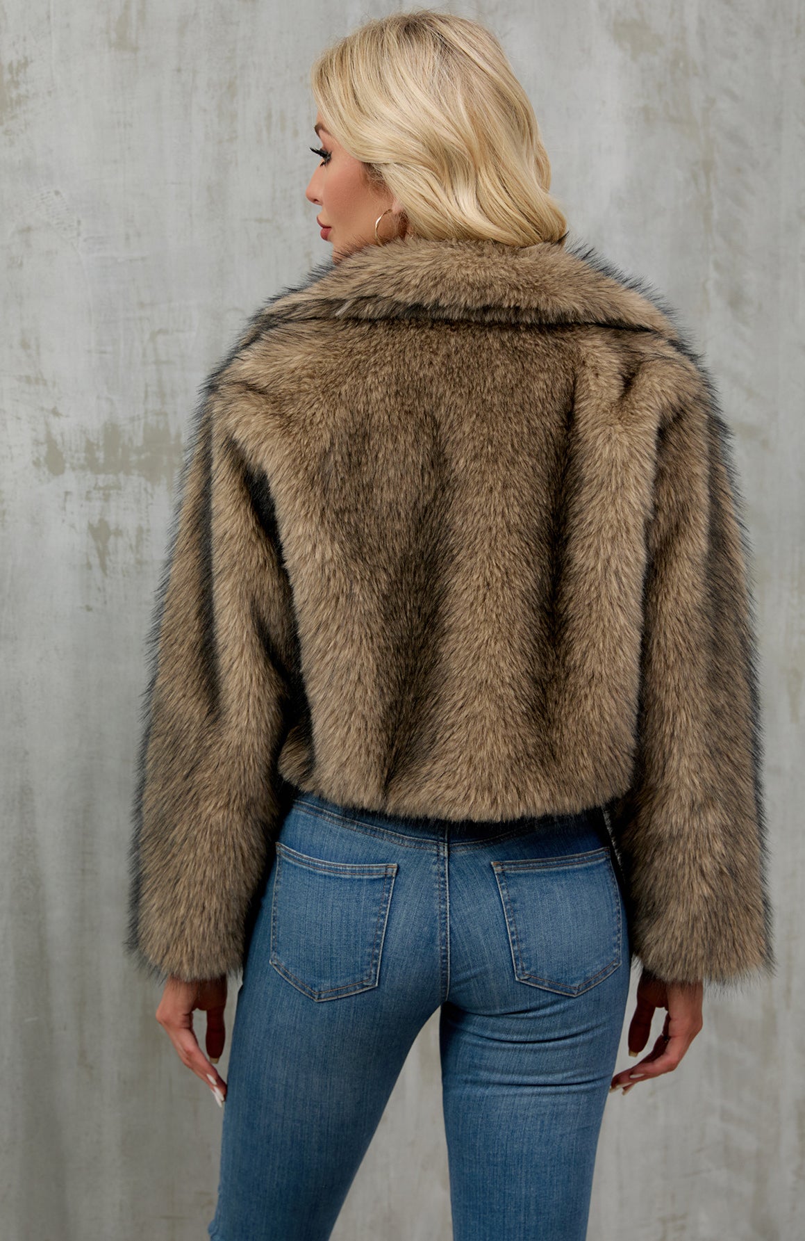 Brown faux fur loose short cardigan coat with high collar