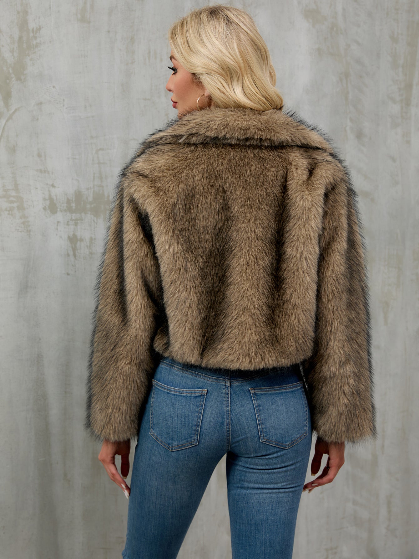 Brown faux fur loose short cardigan coat with high collar