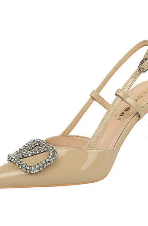 Classy langry fashion high heels in gold patent leather with rhinestone buckle