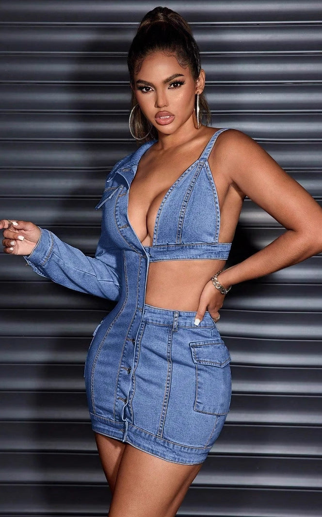 Elegant off Shoulder Denim Hip Wrapped Short Dress