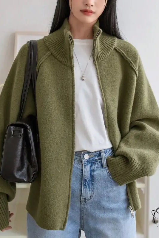 Winter Korean Stand Collar Zipper Knitted Cardigan Top