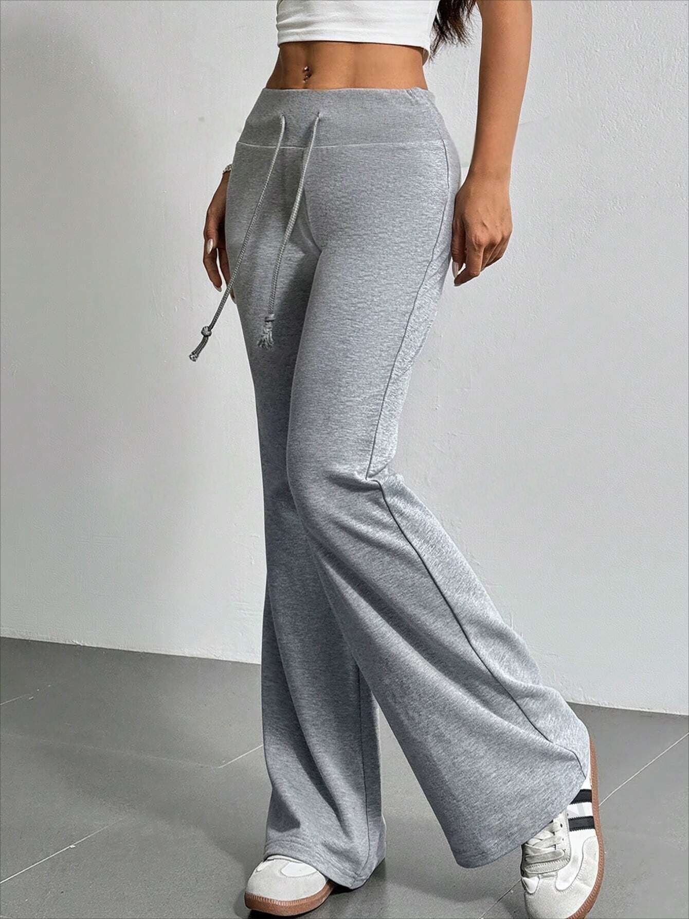 Gray drawstring sweatpants from the High Waist Casual Solid Color Bell Bottom Pants collection