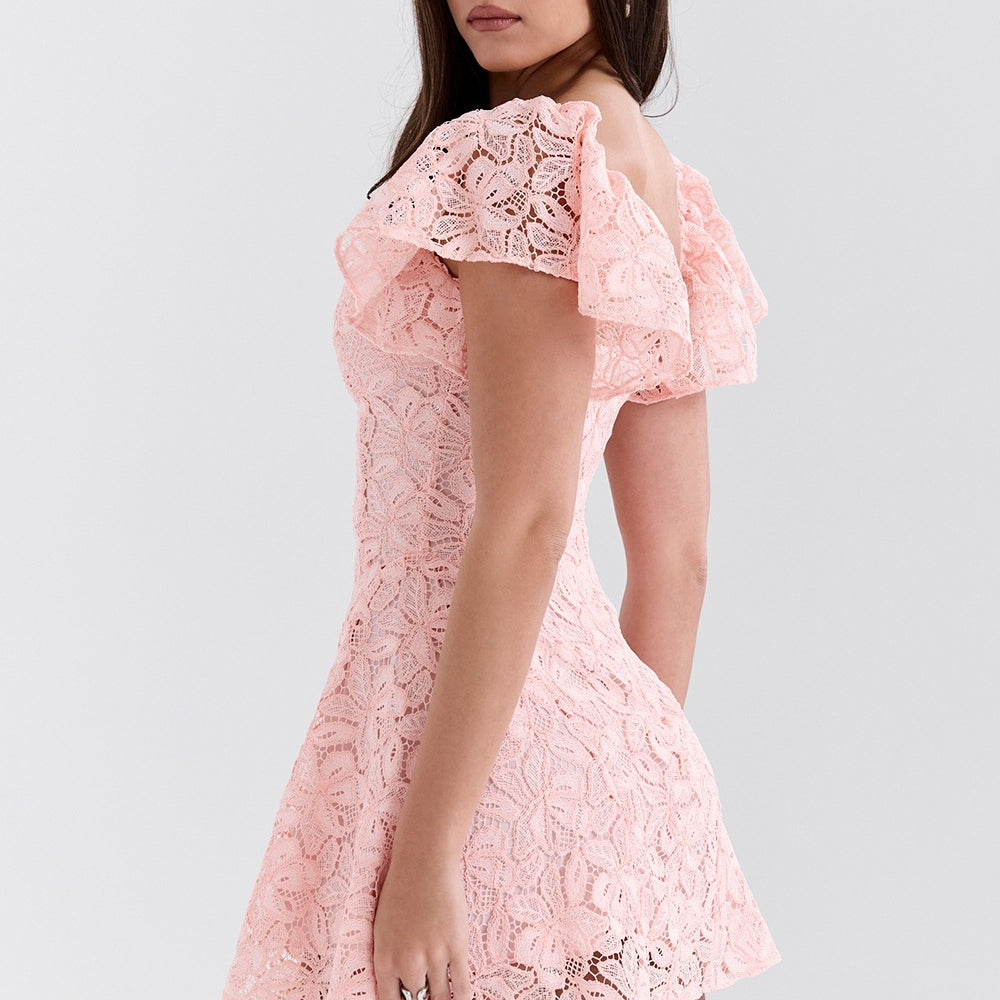 Pink lace mini dress with puff sleeves, perfect for elegant daily fashion and ملابس