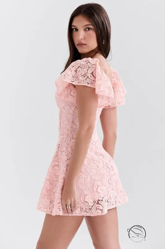 Elegant daily short pink lace mini dress with puff sleeves