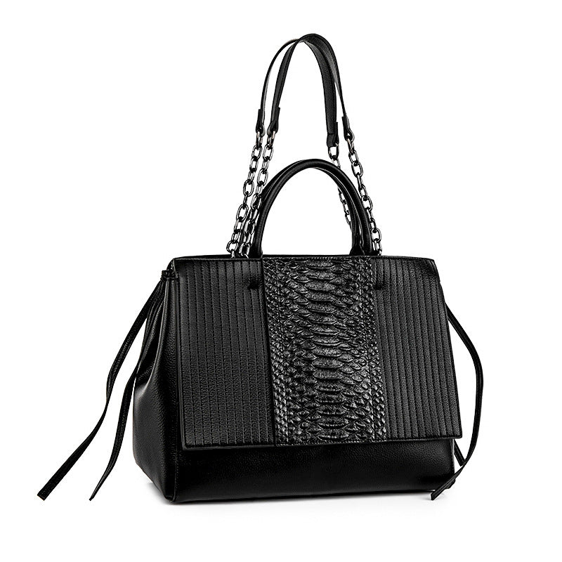 Langry fashion black snakeskin tote bag with silver chain strap