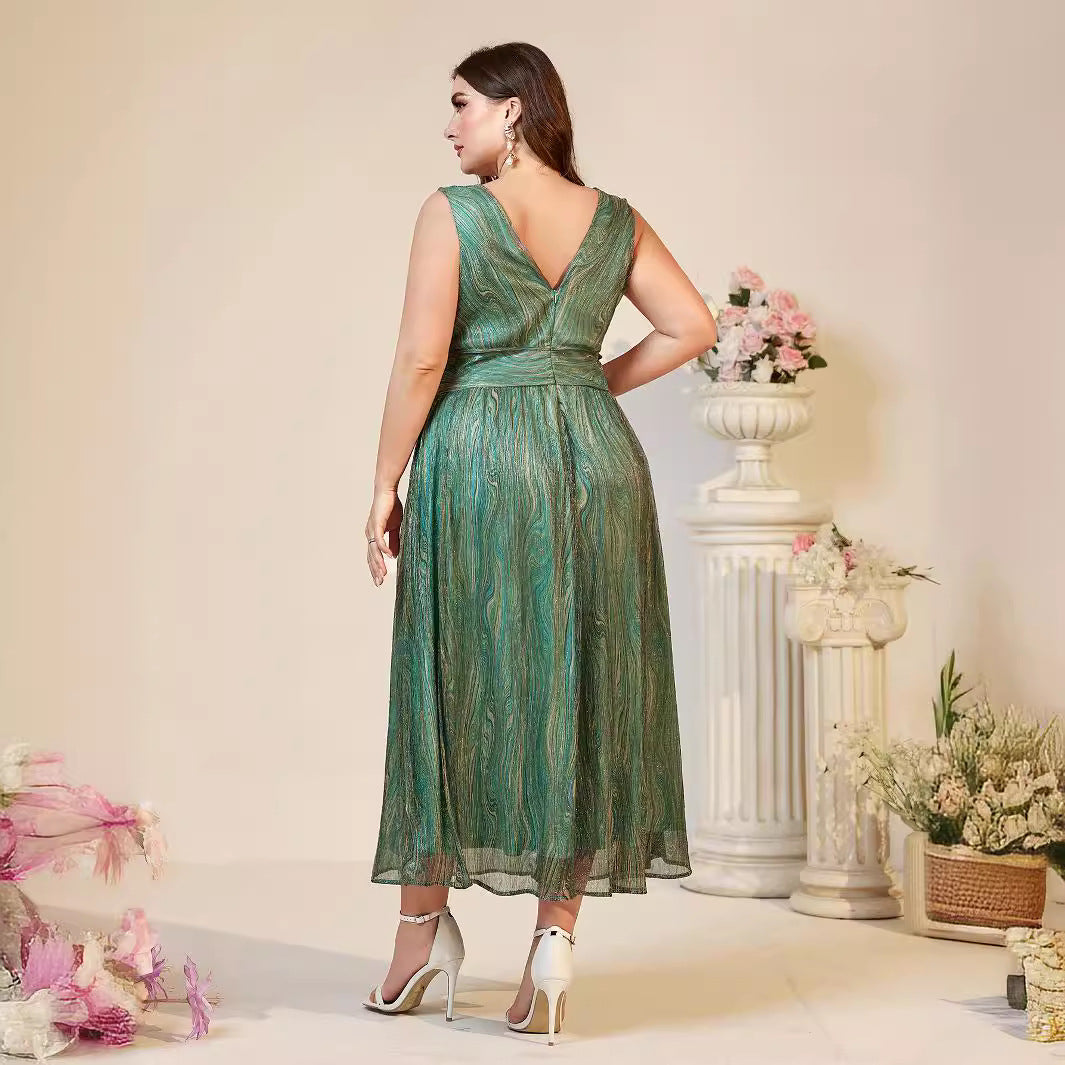 Plus size green glittery V-neck sleeveless suspender maxi dress from Beautiful Suspender Maxi collection