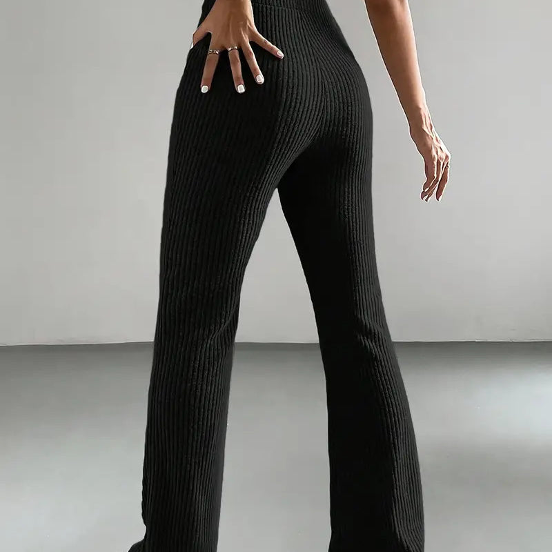 Women’s black ribbed flared casual knitted match pants displayed in Casual Knitted All Match Pants