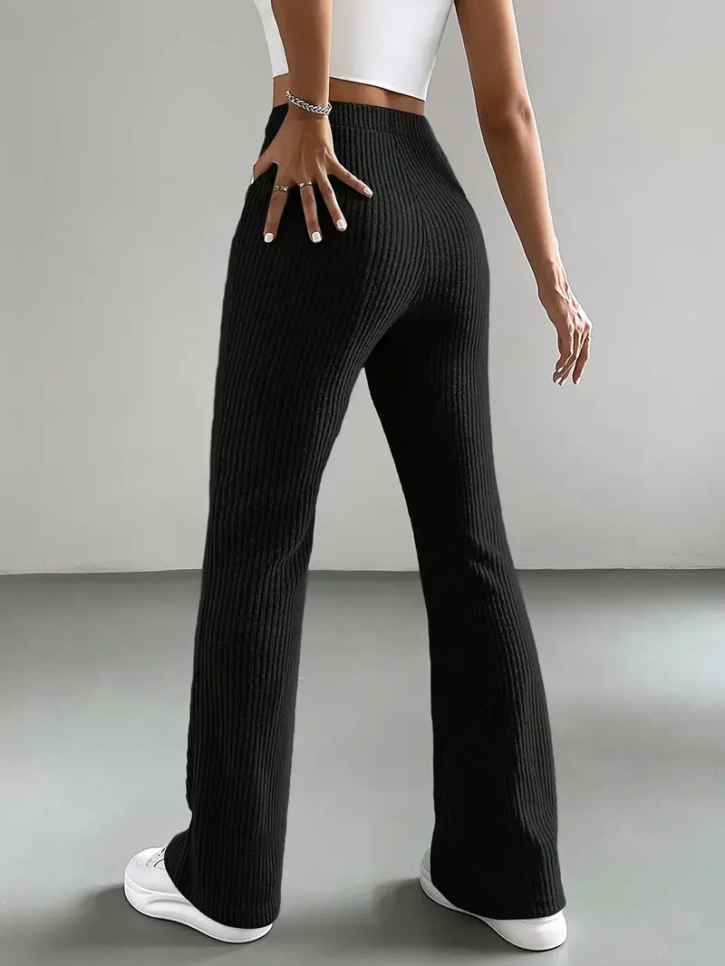 Women’s black ribbed flared casual knitted match pants displayed in Casual Knitted All Match Pants