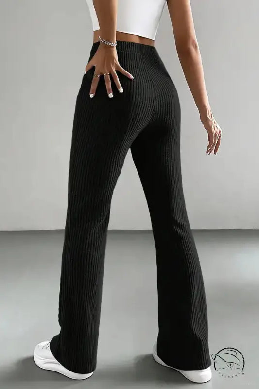Women’s black ribbed flared casual knitted match pants by Langry