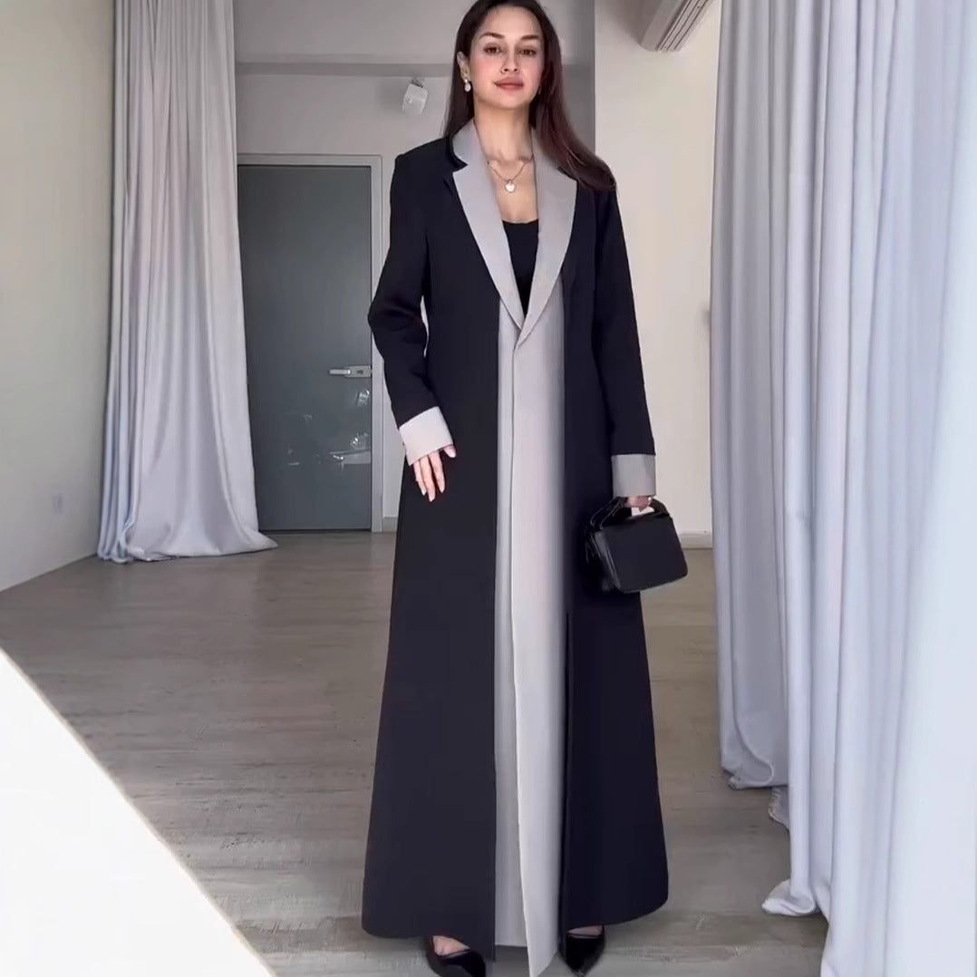 Black and white long trench coat with collar stitching and contrast color
