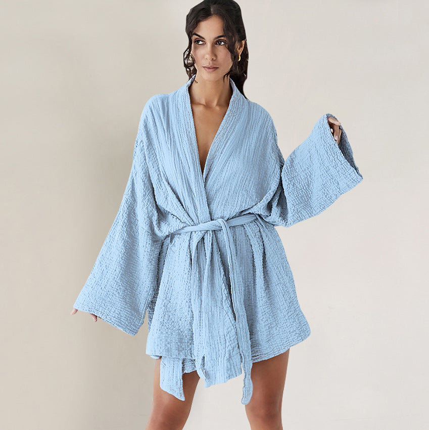 Light blue textured cotton short nightgown with self-tie belt for comfortable sleep fashion