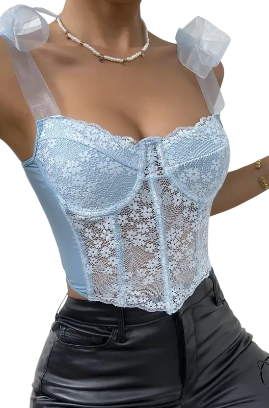 Sky blue boning corset top in light blue lace