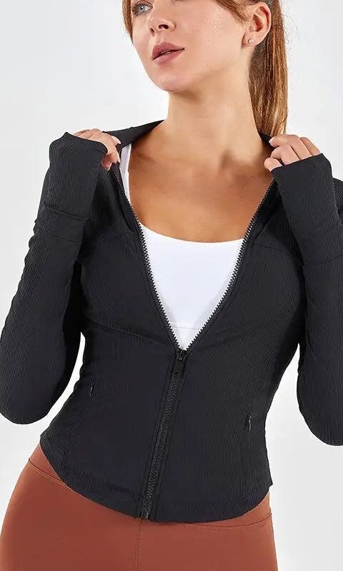 Black ribbed zip-up slim fit yoga jacket with stand-up collar