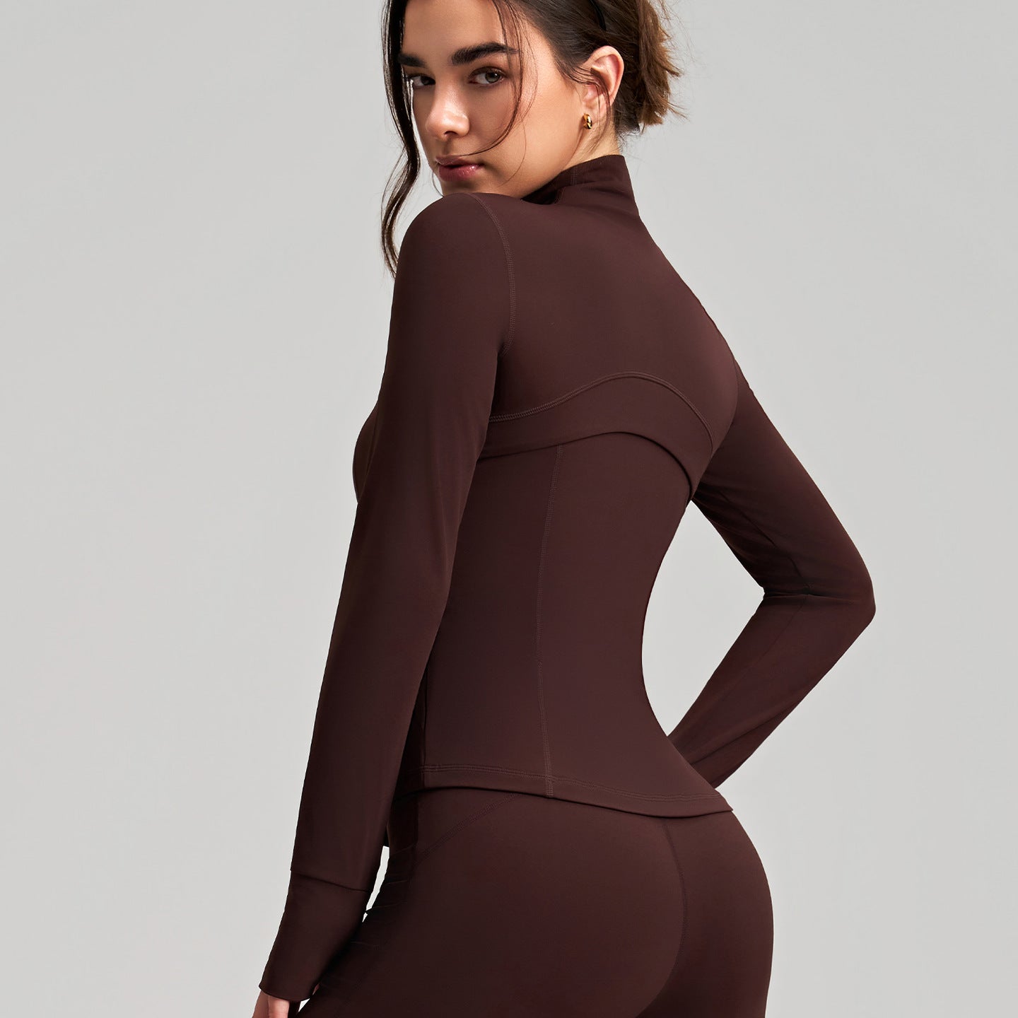 Brown long sleeve spandex yoga jacket with finger stall and stand collar
