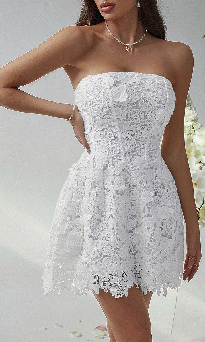 Elegant white strapless lace dress from Beautiful Short Dress Evening Dress collection
