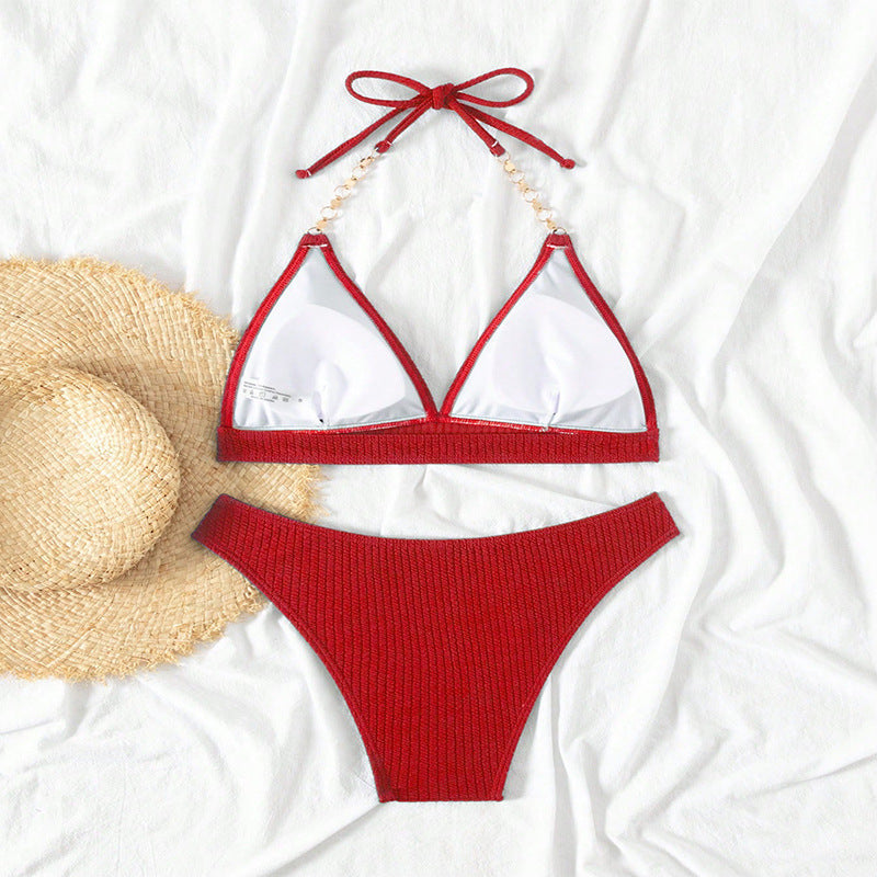 Red halter bikini swimsuit women beach with straw hat for women beach spring style
