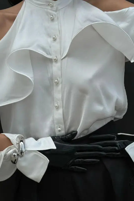 Elegant French design halter top in white ruffles with bow sleeves