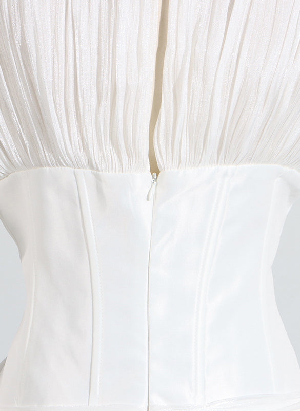 Langry fashion white satin corset ruffled short dress with zipper and pleats