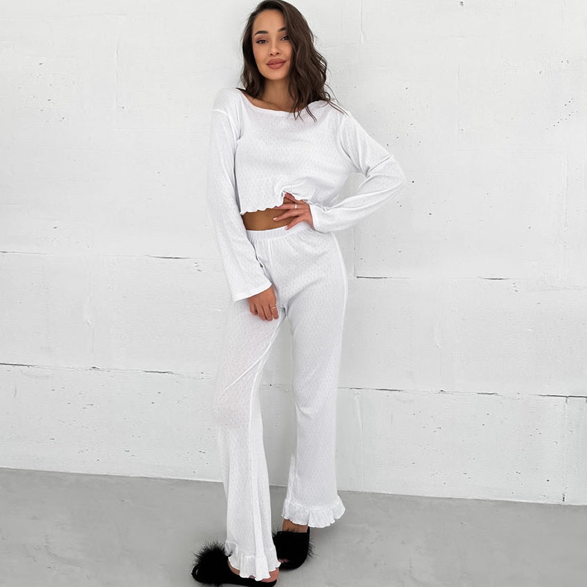 White long-sleeved crop top and ruffled wide-leg pants set from Comfy Breathable Pajamas Sets