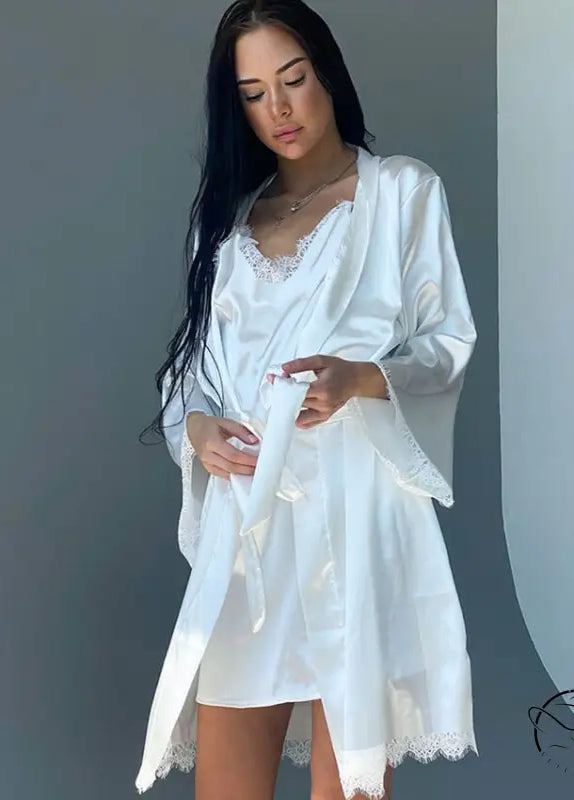 Elegant white satin langry robe with lace trim in ice silk fashion