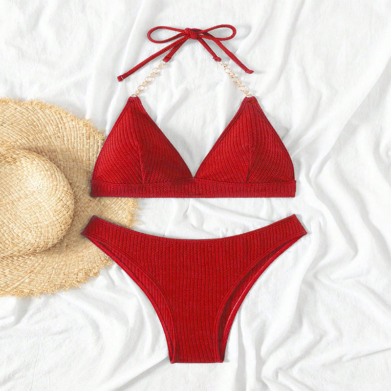 Red ribbed bikini swimsuit women with pearl straps for women beach spring fashion