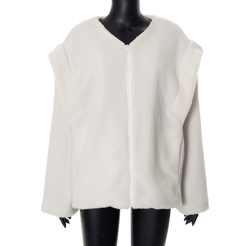 White fleece zip-up jacket from Langry, ideal for casual fashion and stylish layering