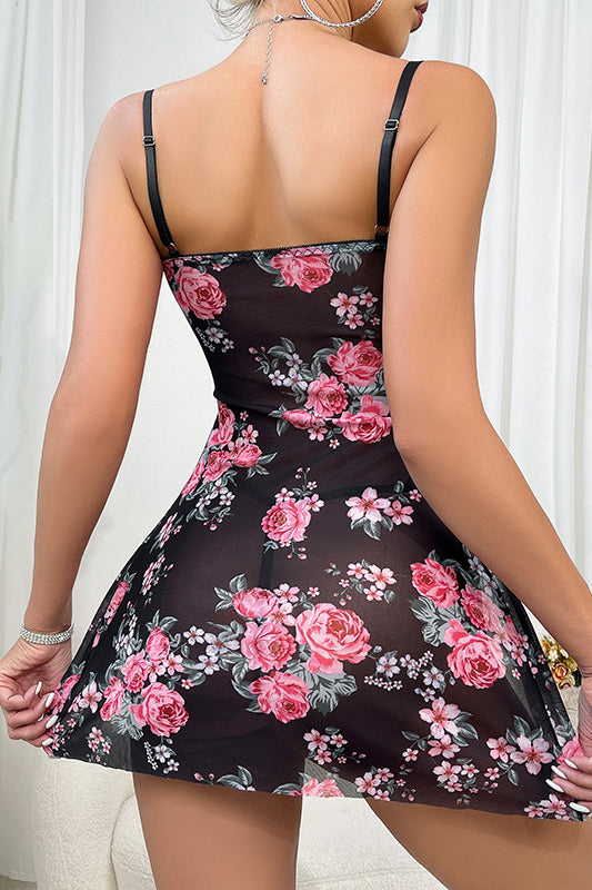 Black spaghetti-strap mini dress with pink rose floral print for lingerie fashion ملابس